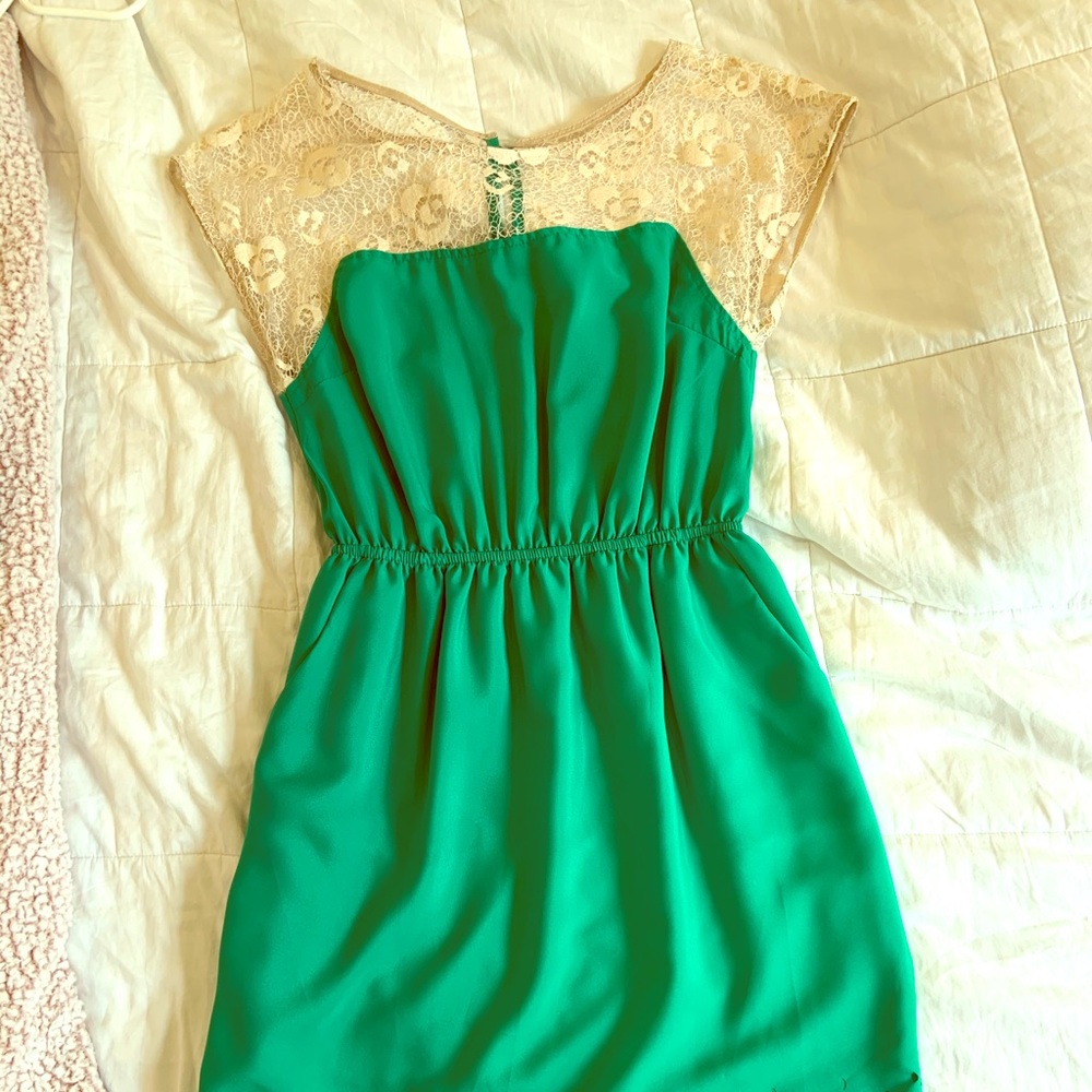Jade Green Dress with cream lace detail